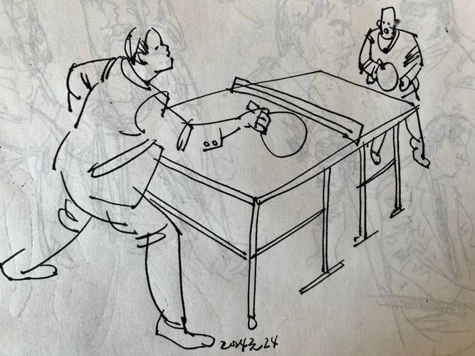 打乒乓球素描画