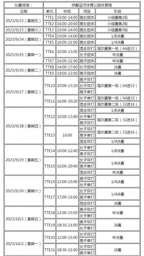 乒乓球杭州赛程表